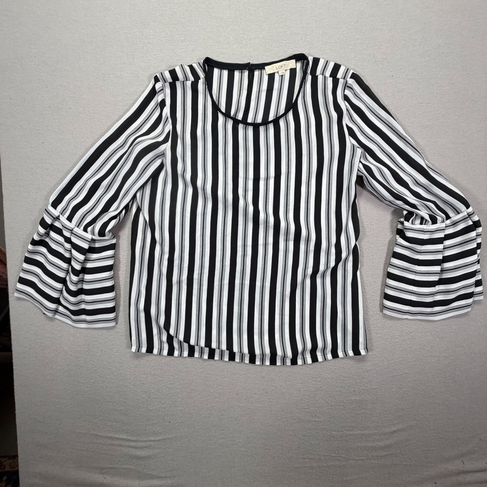 LOFT Blouse Womens Large Good Black White Striped Tiered Bell Sleeve Crew Neck